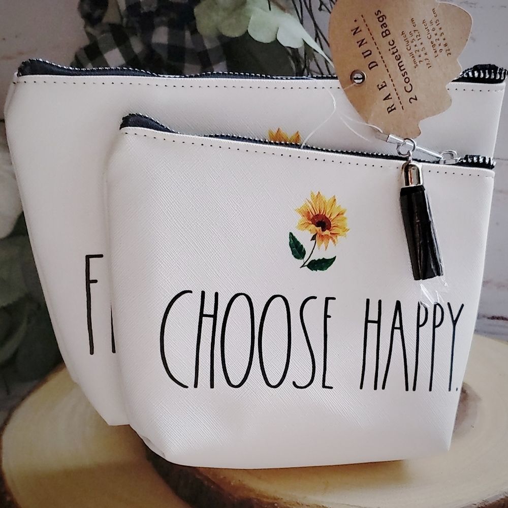 Rae Dunn "Happy" 2 piece cosmetics bag set